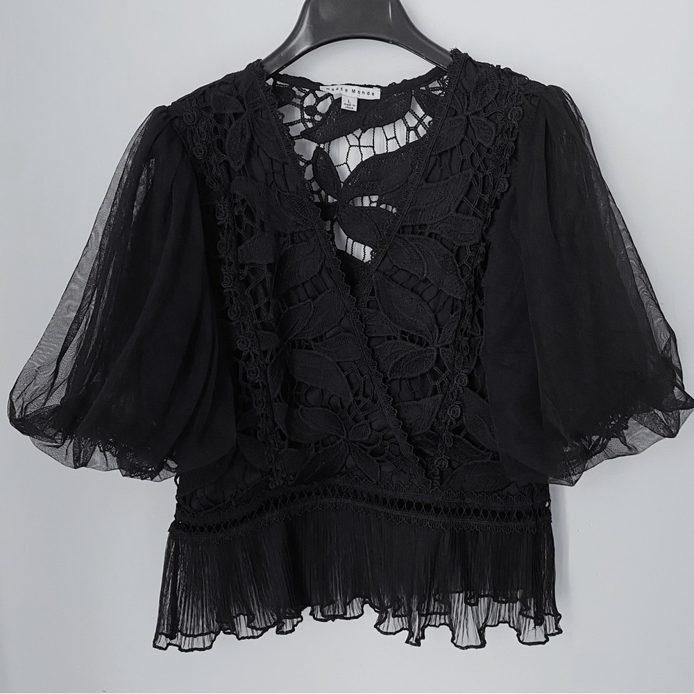 Haute Monde Black Puff Sleeve Embroidered Floral Lace Top Blouse Large L
